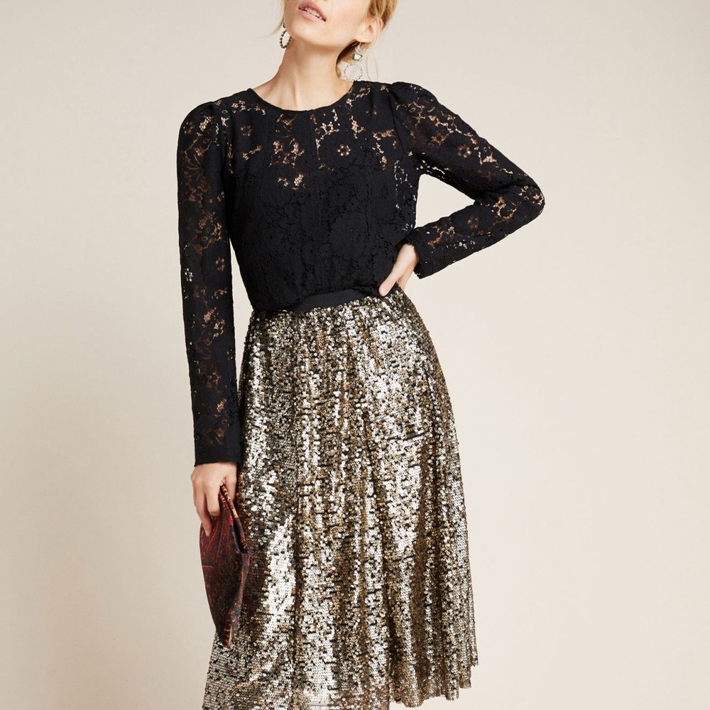 Black Lace Top with Gold Sequin A-Line Skirt